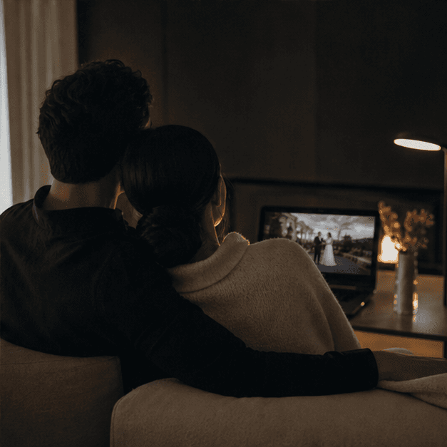 Couple watching their wedding film