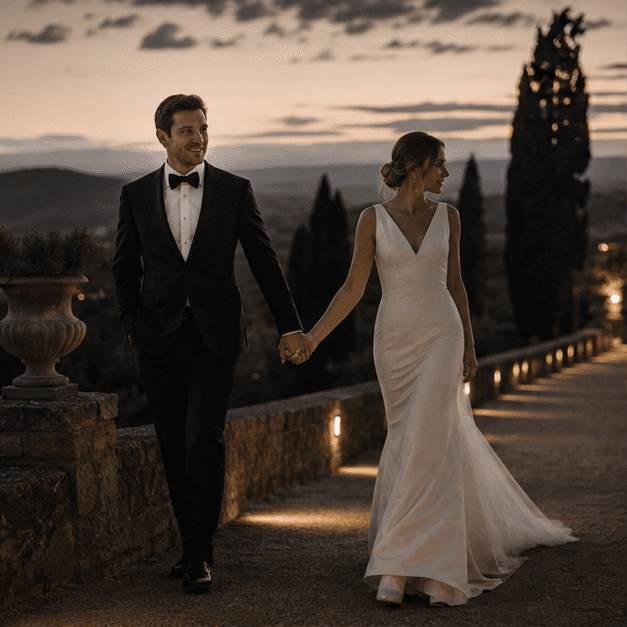 Newlyweds walking outdoors at dusk