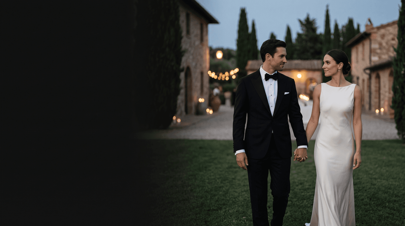 Newlyweds walking outdoors at dusk