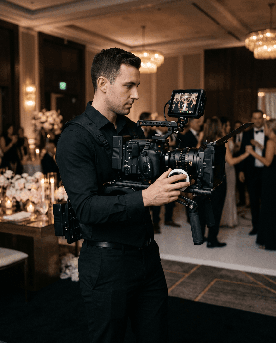 Wedding filmmaker on set, editing outsourced through VOWLABLE